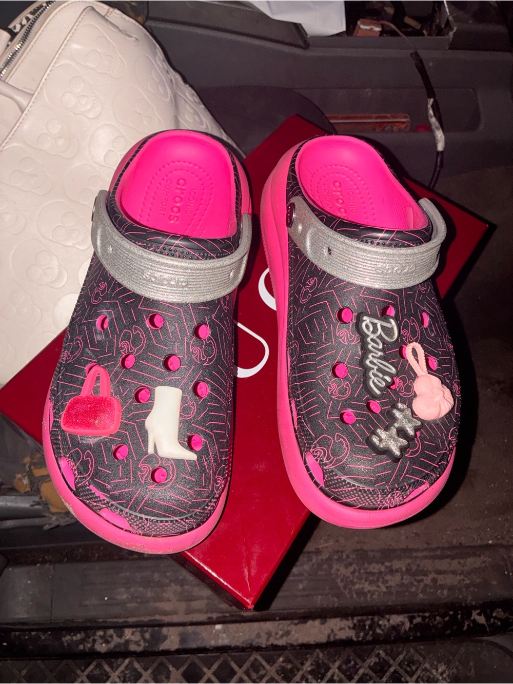 CROCS Black and Hot Pink Barbie Charm Clogs